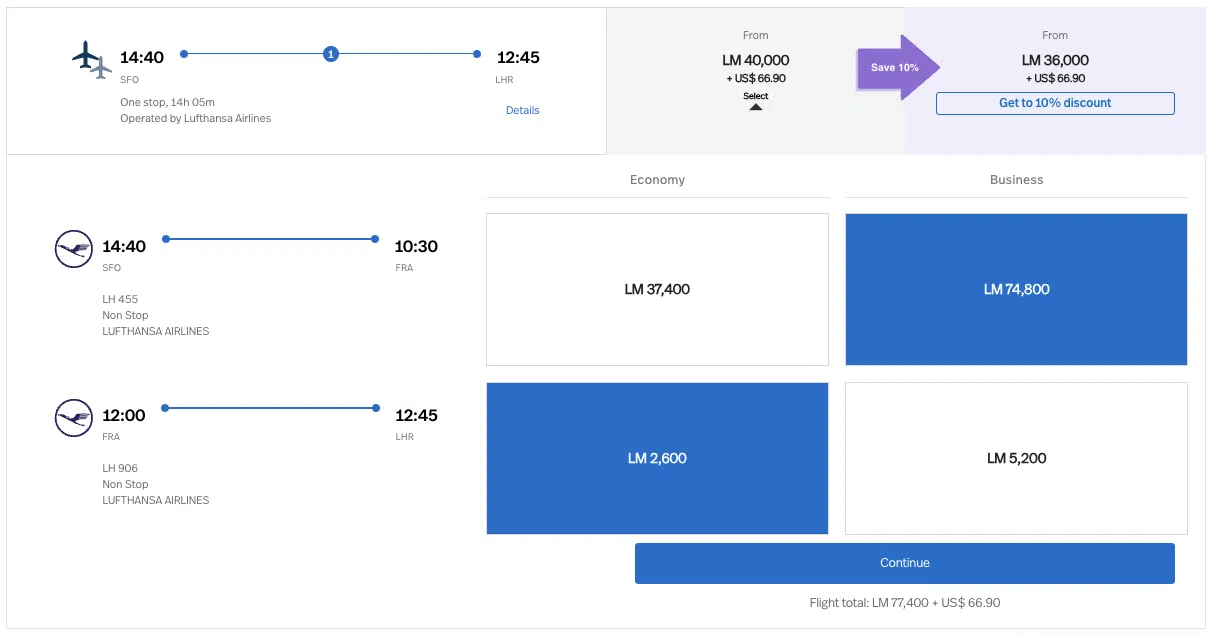 LifeMiles Award flying Lufthansa from SFO-LHR with a connection in FRA for 77,400 miles in business class